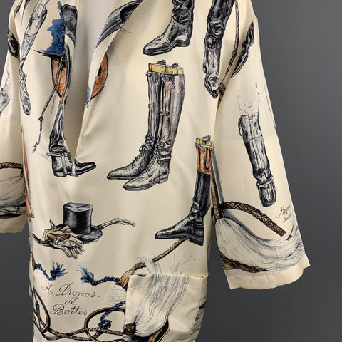 HERMES Size 6 Cream Silk Equestrian A PROPES DE BOTTES Print Blouse