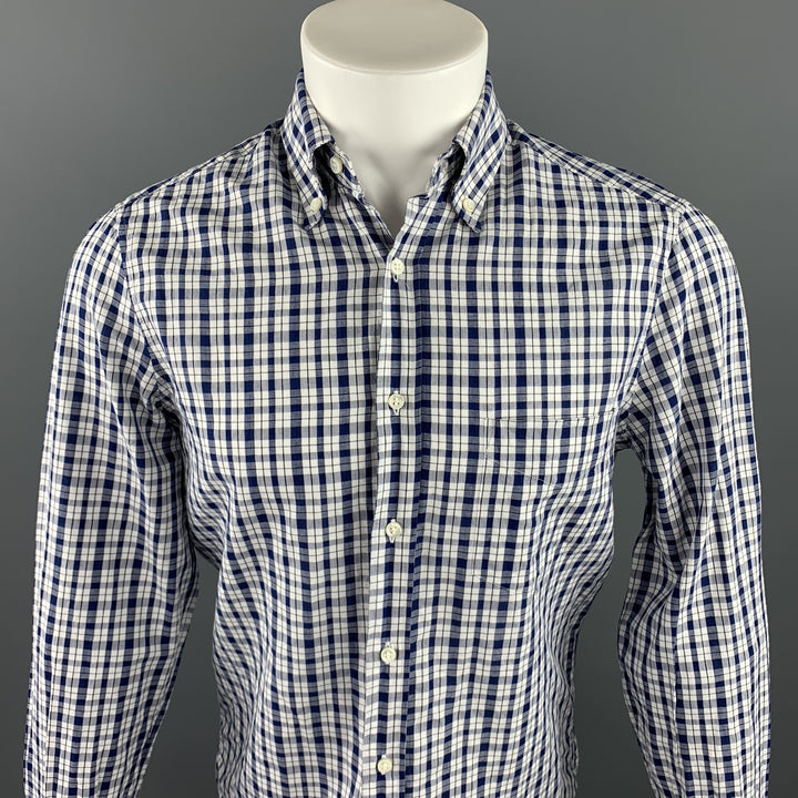 BRUNELLO CUCINELLI Size XS White & Navy Plaid Cotton / Linen Long Sleeve Shirt