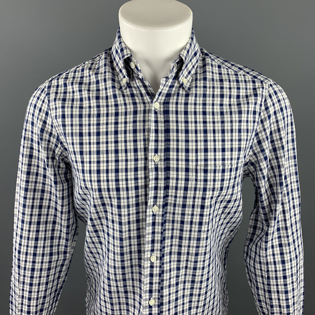BRUNELLO CUCINELLI Talla XS Camisa de manga larga de algodón / lino a cuadros blanca y azul marino