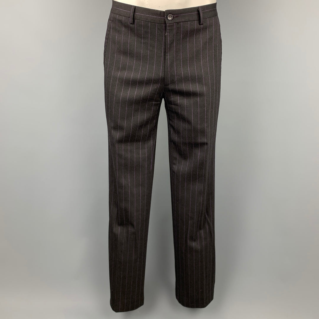 MOSCHINO Size 42 Regular Black Stripe Wool Blend Notch Lapel Suit