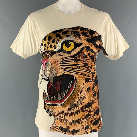 GUCCI Size XS Beige Multi-Color Embroidery Cotton Crew-Neck T-shirt
