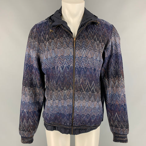 MISSONI Size XL Multi-Color Zig Zag Cotton Blend Hooded Reversible Jacket