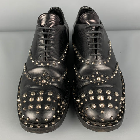 PRADA Size 10 Black Silver Studded Leather Lace Up Shoes