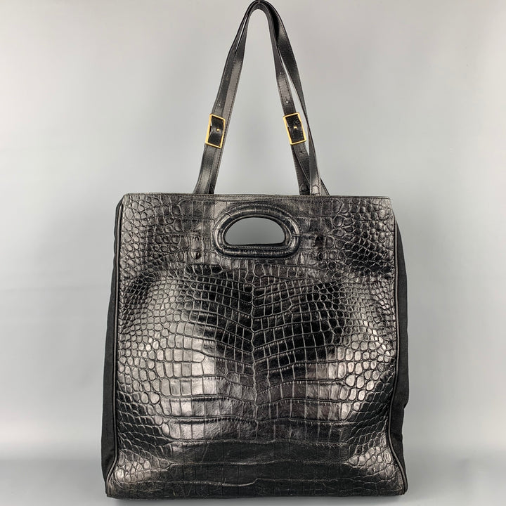 DRIES VAN NOTEN Black Alligator Embossed Leather Canvas Tote Handbag