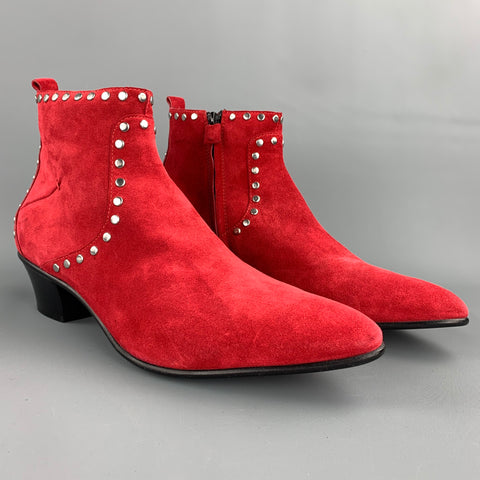 CoSTUME NATIONAL Size 10 Red Studded Suede Side Zipper Boots