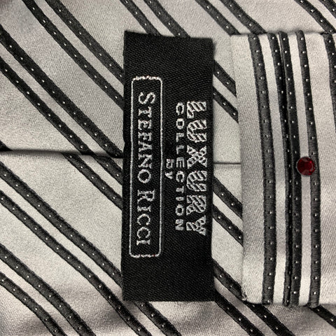 STEFANO RICCI Silver & Black Stripe Satin Silk Tie