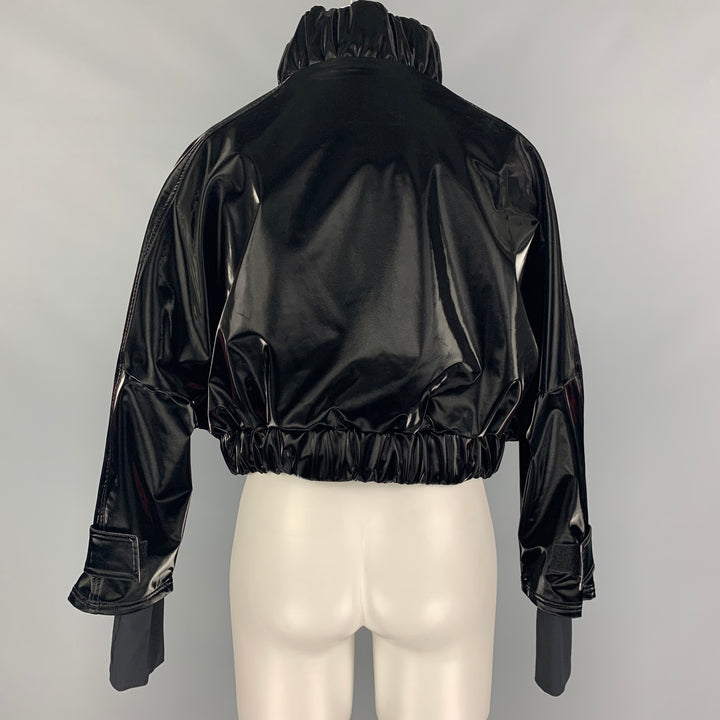 NYLORA Size L Black Solid Polyester Faux patent leather Cropped Jacket