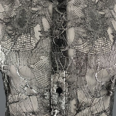 Vintage GIANNI VERSACE Size XXL Silver & Black Lace Silk Blend Button Up Sleeveless