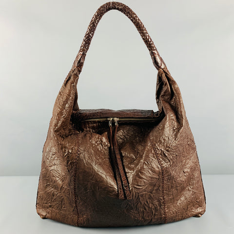 PARKER OCHS Brown Mixed Leathers Alligator Leather Hobo Handbag