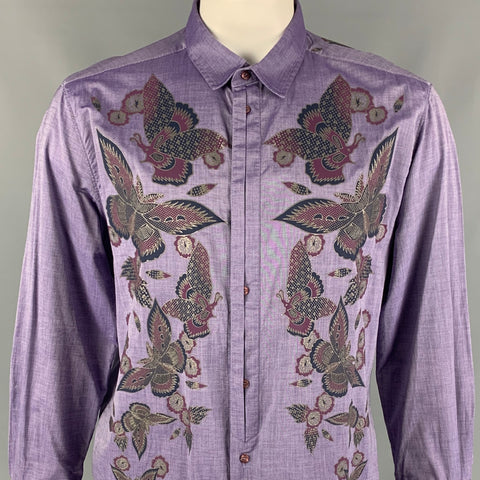 JUST CAVALLI Size XXL Purple Print Cotton Button Up Long Sleeve Shirt