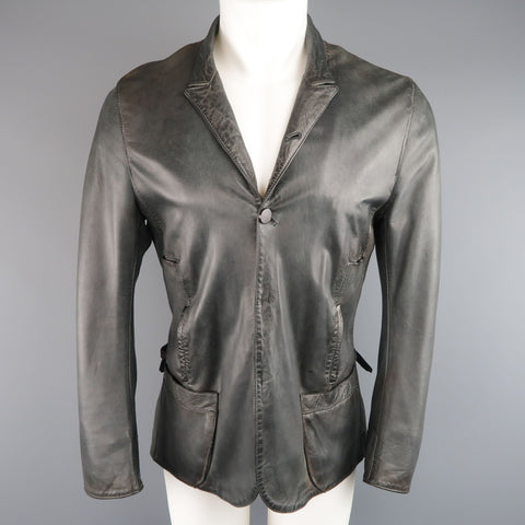 UN SOLO MONDO L Charcoal Distressed Leather Peak Lapel Jacket