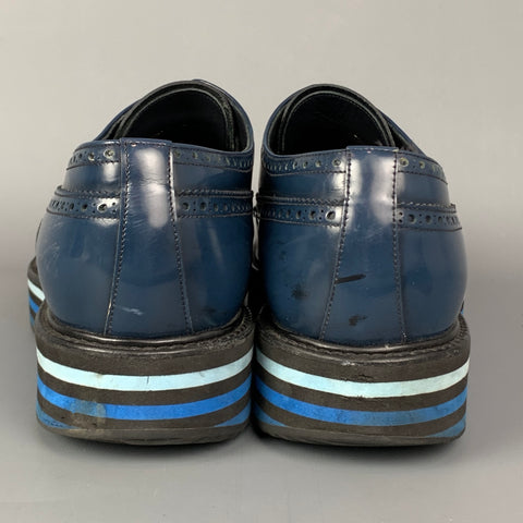 PRADA Size 13 Blue Perforated Leather Wingtip Lace Up Shoes