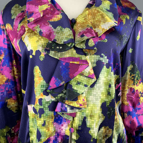 ST. JOHN Size 12 Purple MultiColor Floral Silk Rufle Blouse