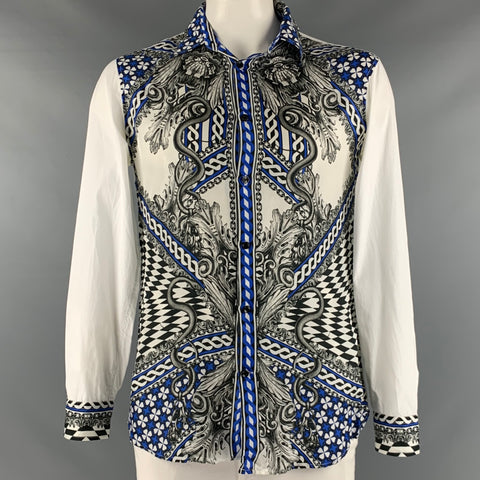 JUST CAVALLI Size L White Blue Black Snake Cotton Long Sleeve Shirt
