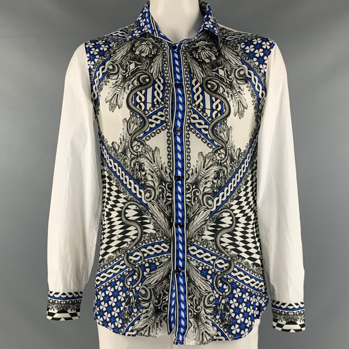 JUST CAVALLI Size L White Blue Black Snake Cotton Long Sleeve Shirt