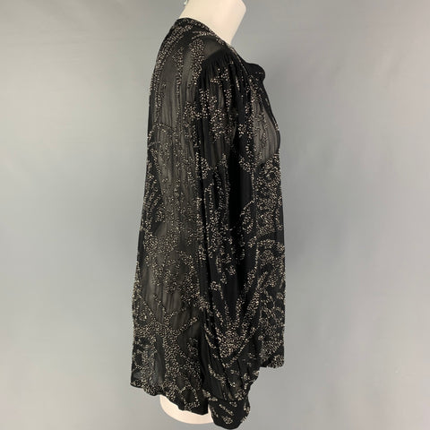 DRIES VAN NOTEN Size XS Black Silver Viscose Beaded Open Collar Shirt