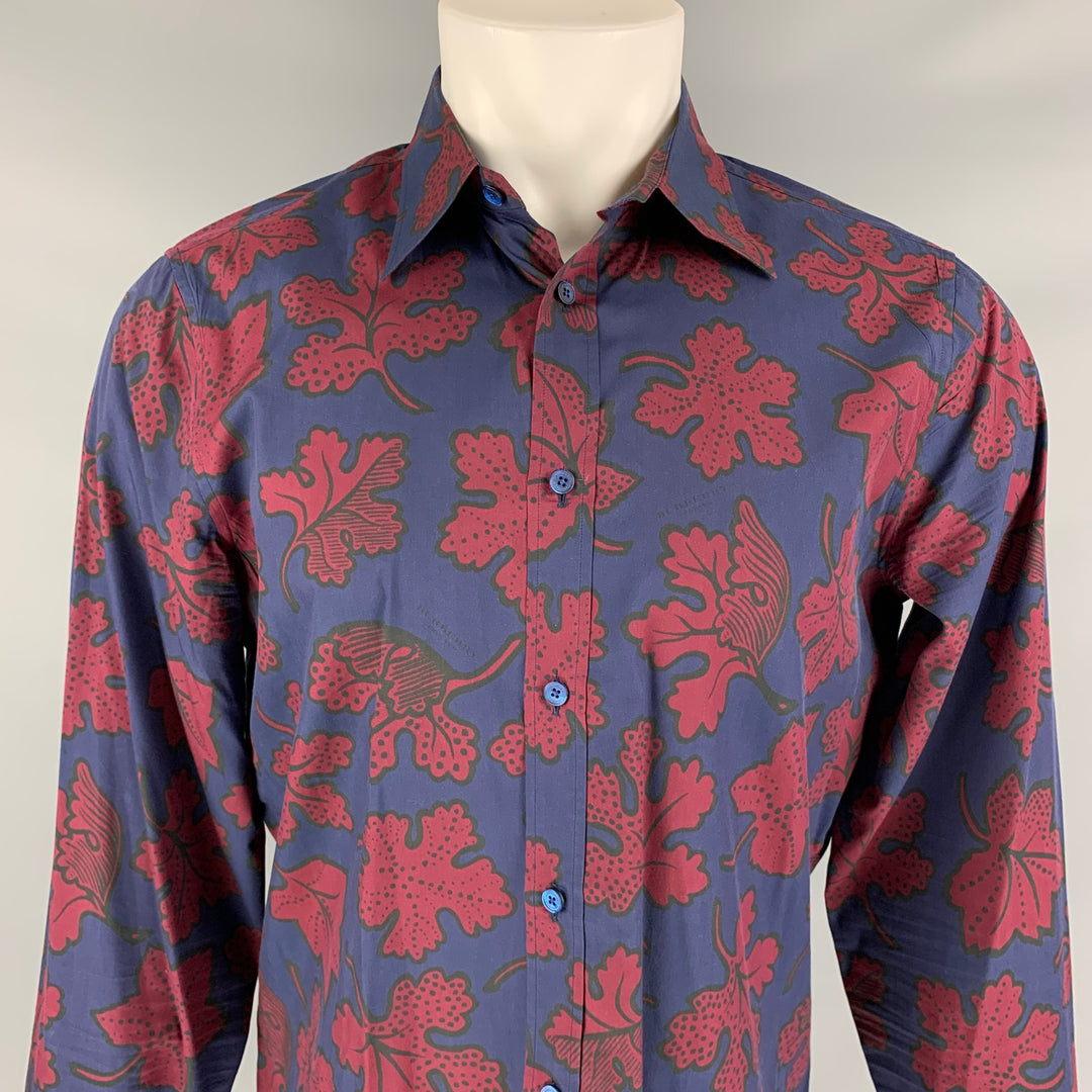BURBERRY PRORSUM Fall 2014 Size M Navy & Burgundy Leaf Print Cotton / Silk Long Sleeve Shirt