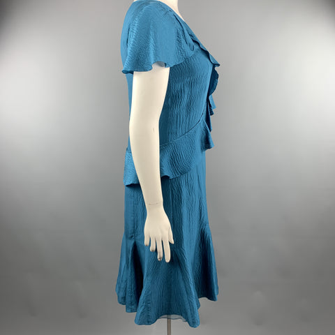 CAROLINA HERRERA Size 12 Teal Textured Ruffle V Neck Dress