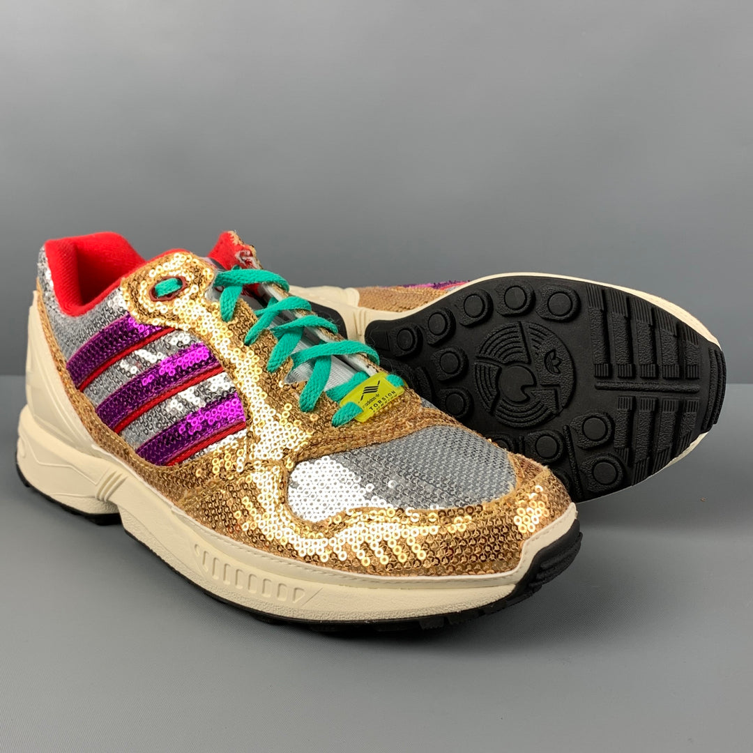 ADIDAS Size 8.5 Gold Silver Sequined Lace Up Torsion ZX 6000 Sneakers