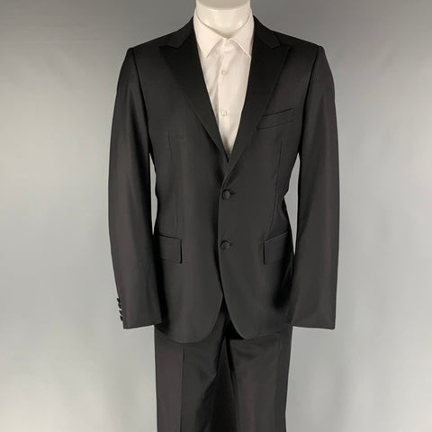 CALVIN KLEIN COLLECTION Size 38 Black Solid Wool Peak Lapel 32 32 Tuxedo