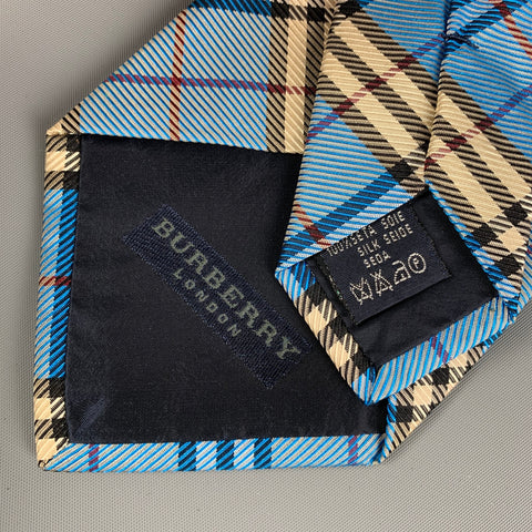BURBERRY LONDON Light Blue Black White Plaid Silk Tie