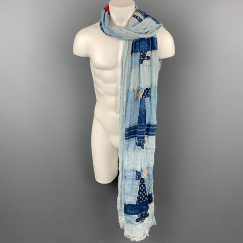 KAPITAL Light Blue Patchwork Linen / Cotton Raw Edged Scarf
