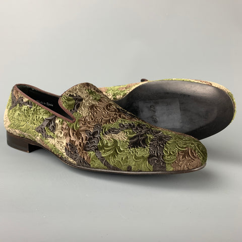 MEZLAN Size 8 Olive & Brown Brocade Velvet Slip On Loafers