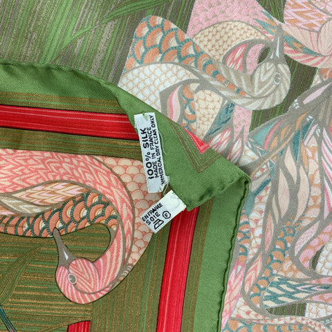 HERMES LA MARE AUX CANARDS Green Pink Print Silk Scarf