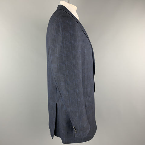 ERMENEGILDO ZEGNA Talla 48 Abrigo deportivo largo con solapa de muesca de lana a cuadros azul marino largo