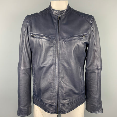 JOHN VARVATOS * U.S.A. Size L Navy Leather Zip Up Jacket