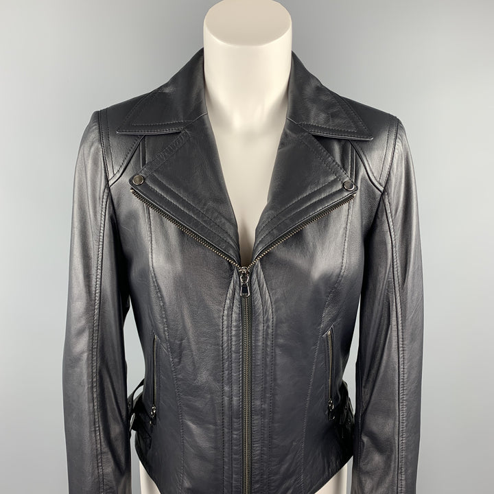 GIZIA Size 4 Navy Leather Zip Fly Motorcycle Jacket