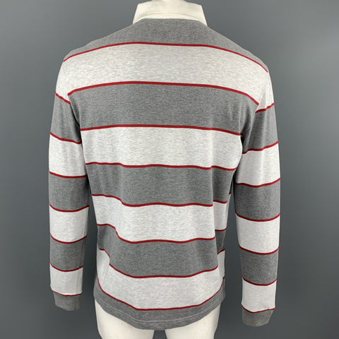 LORO PIANA Size XL Grey & Red Stripe Cotton Buttoned Long Sleeve Rugby Polo