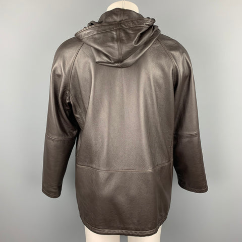 NO BRAND Size L Brown Leather Drawstring Hooded Coat