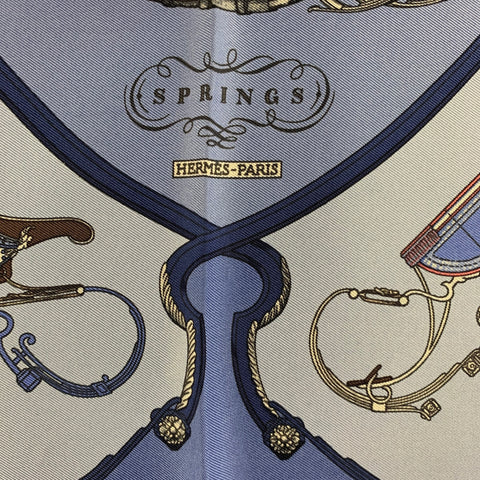 HERMES Springs  Blue Light Blue Equestrian Silk Twill Pocket Square