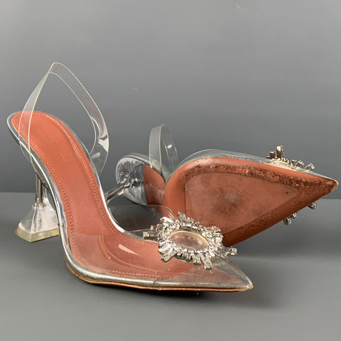 AMINA MUADDI Tamaño 8 Zapatos de tacón con tira trasera Begum con pedrería de acetato transparente plateado
