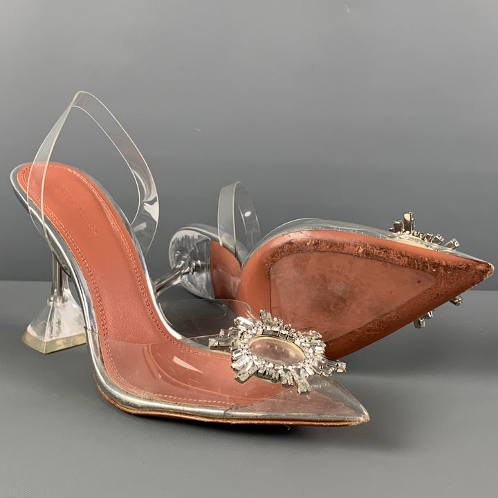 AMINA MUADDI Size 8 Silver Clear Acetate Rhinestones Begum Slingback Pumps