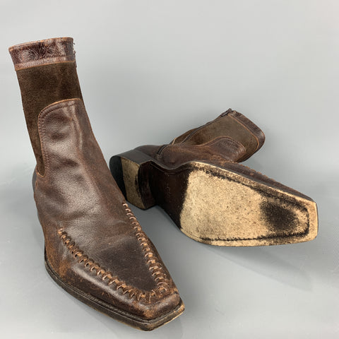 DSQUARED2 Taille 12 Bottes en cuir marron avec fermeture éclair latérale et coutures en détresse