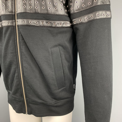JUST CAVALLI Taille S Veste à capuche en coton noir avec œillets et bordure en cuir