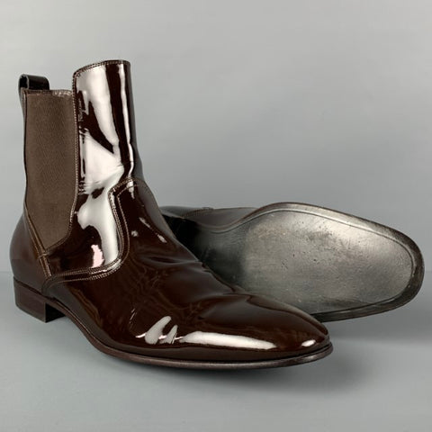 SALVATORE FERRAGAMO Size 10.5 Brown Patent Leather Ankle Boots