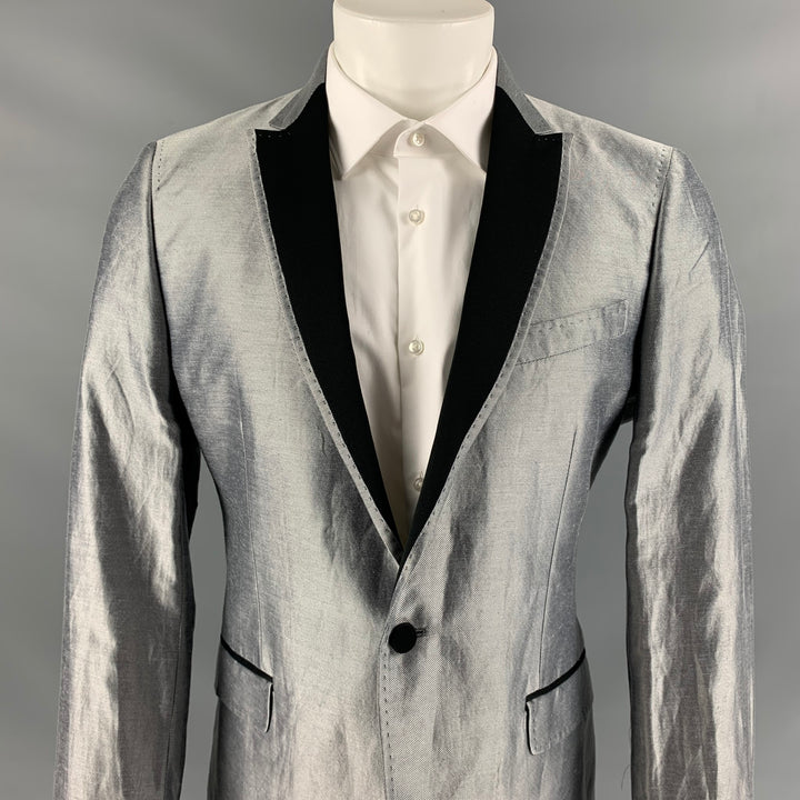 CoSTUME NATIONAL Size 42 Silver & Black Silk / Linen Peak Lapel Sport Coat