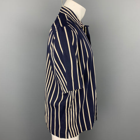 DRIES VAN NOTEN Size S Navy & Cream Vertical Stripe Viscose Blend Button Up Short Sleeve Shirt