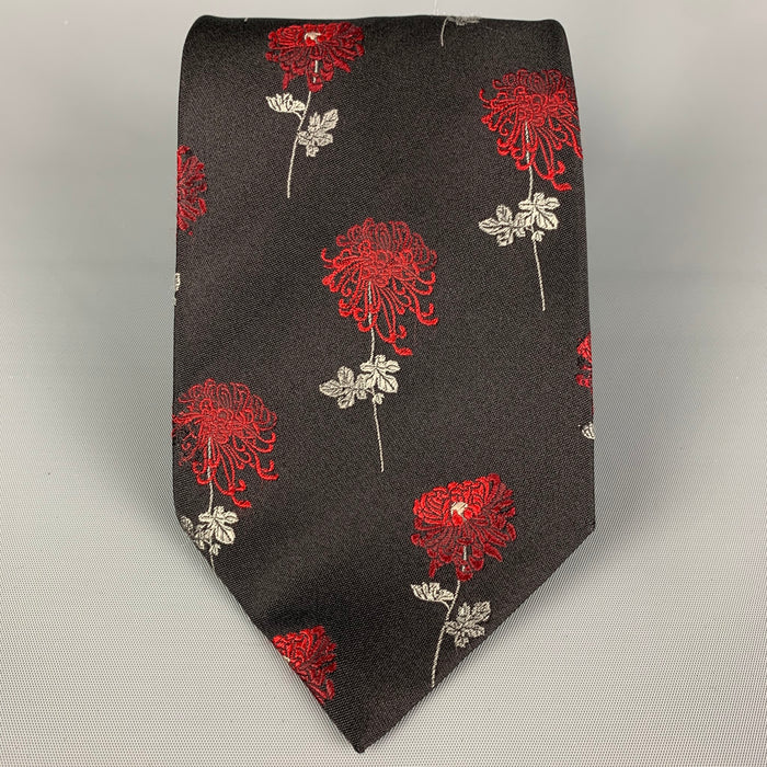 GUCCI by Tom Ford Black & Red Chrysanthemum Embroidered Silk Neck Tie