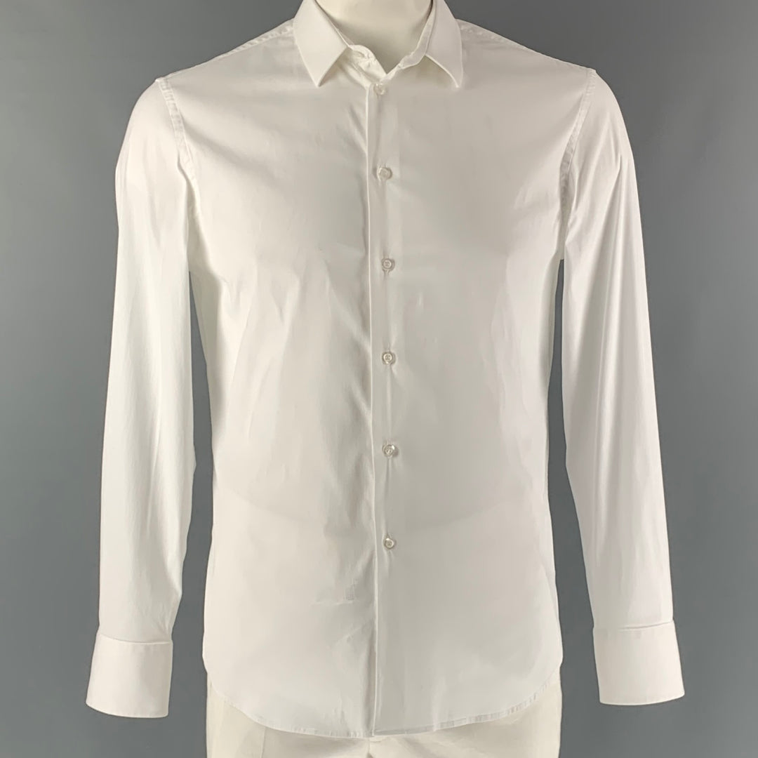 EMPORIO ARMANI Size L White Solid Cotton Button Up Long Sleeve Shirt