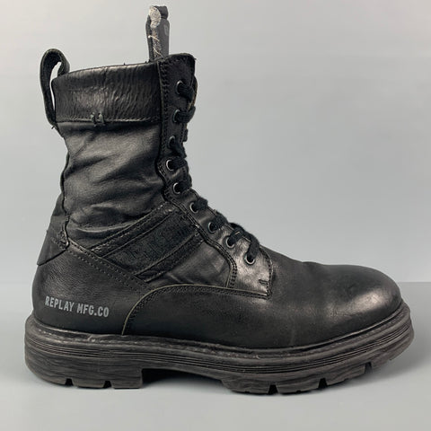 REPLAY Size 10 Black Leather Combat Ankle Boots