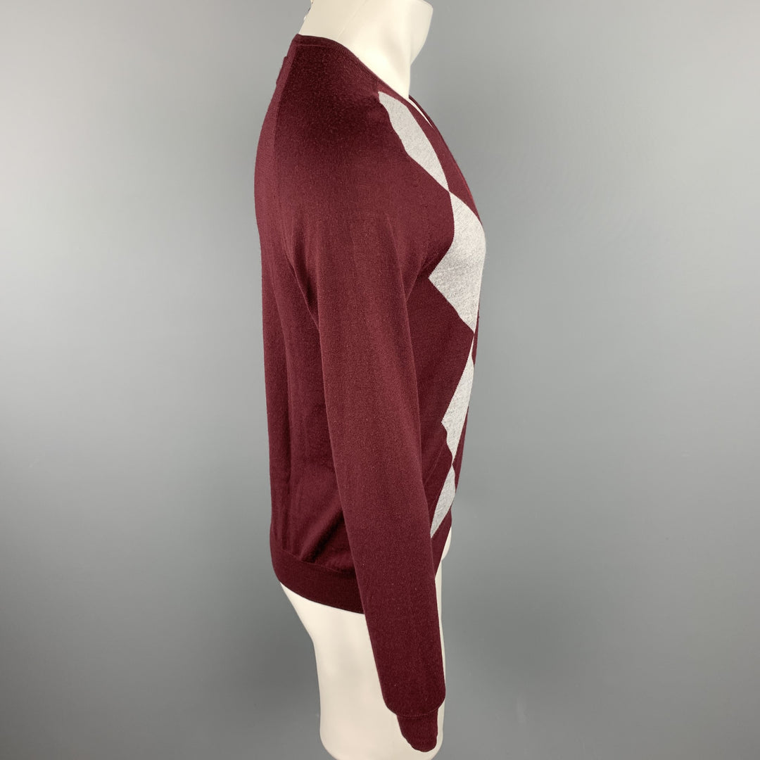 CLUB MONACO Size S Burgundy Argyle Merino Wool V-Neck Pullover