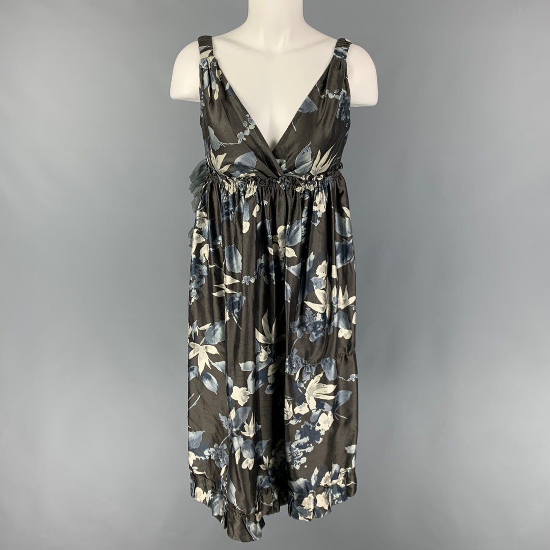 VERA WANG Size 4 Slate Cream Silk Floral Ruched Dress Sui Generis Designer Consignment VERA WANG Size 4 Slate Cream Silk Floral Ruched Dress Sui Generis Designer Consignment