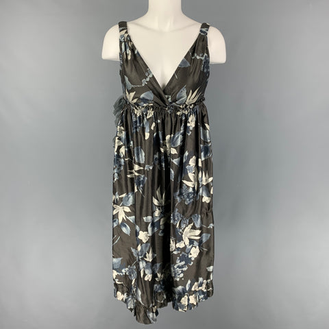 VERA WANG Taille 4 Robe froncée florale en soie crème ardoise