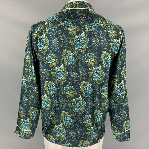 BURBERRY Fall 2016 Size L Navy & Green Floral Silk Pajama Long Sleeve Shirt