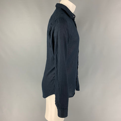 THEORY Size M Navy Linen Button Up Long Sleeve Shirt