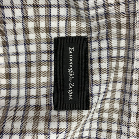 ERMENEGILDO ZEGNA Size XL White & Brown Checkered Cotton Long Sleeve Shirt